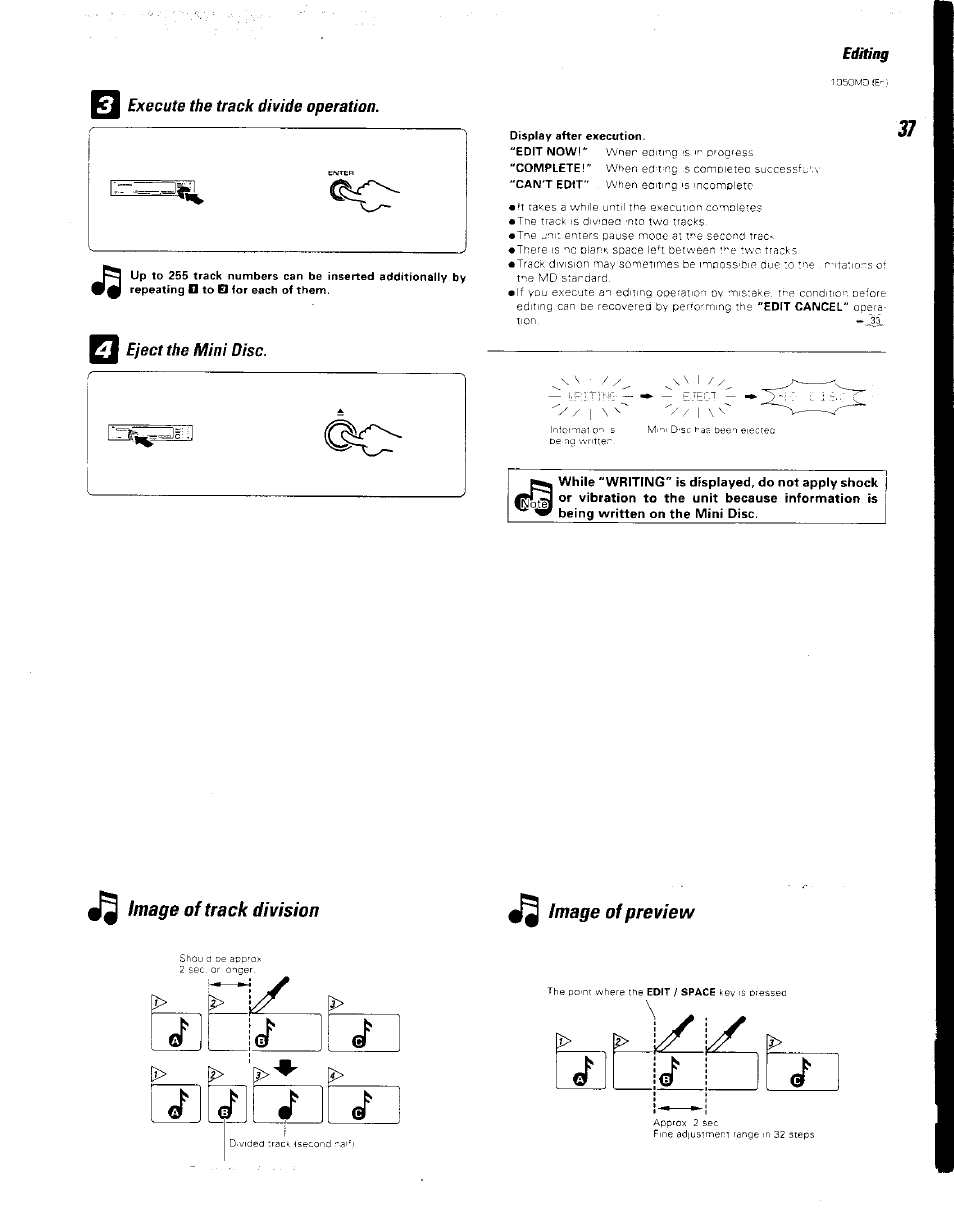 Execute the track divide operation, Eject the mini disc, Image of track division | J i .r | Kenwood BJV140Z User Manual | Page 37 / 54