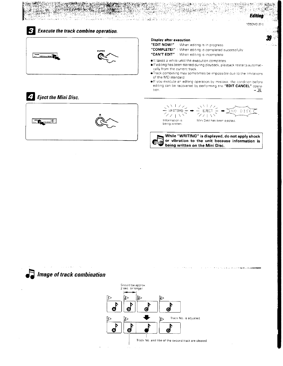 Execute the track combine operation, J eject the mini disc, 1 p> <3^ [> g> ♦ 0 | Kenwood BJV140Z User Manual | Page 39 / 54