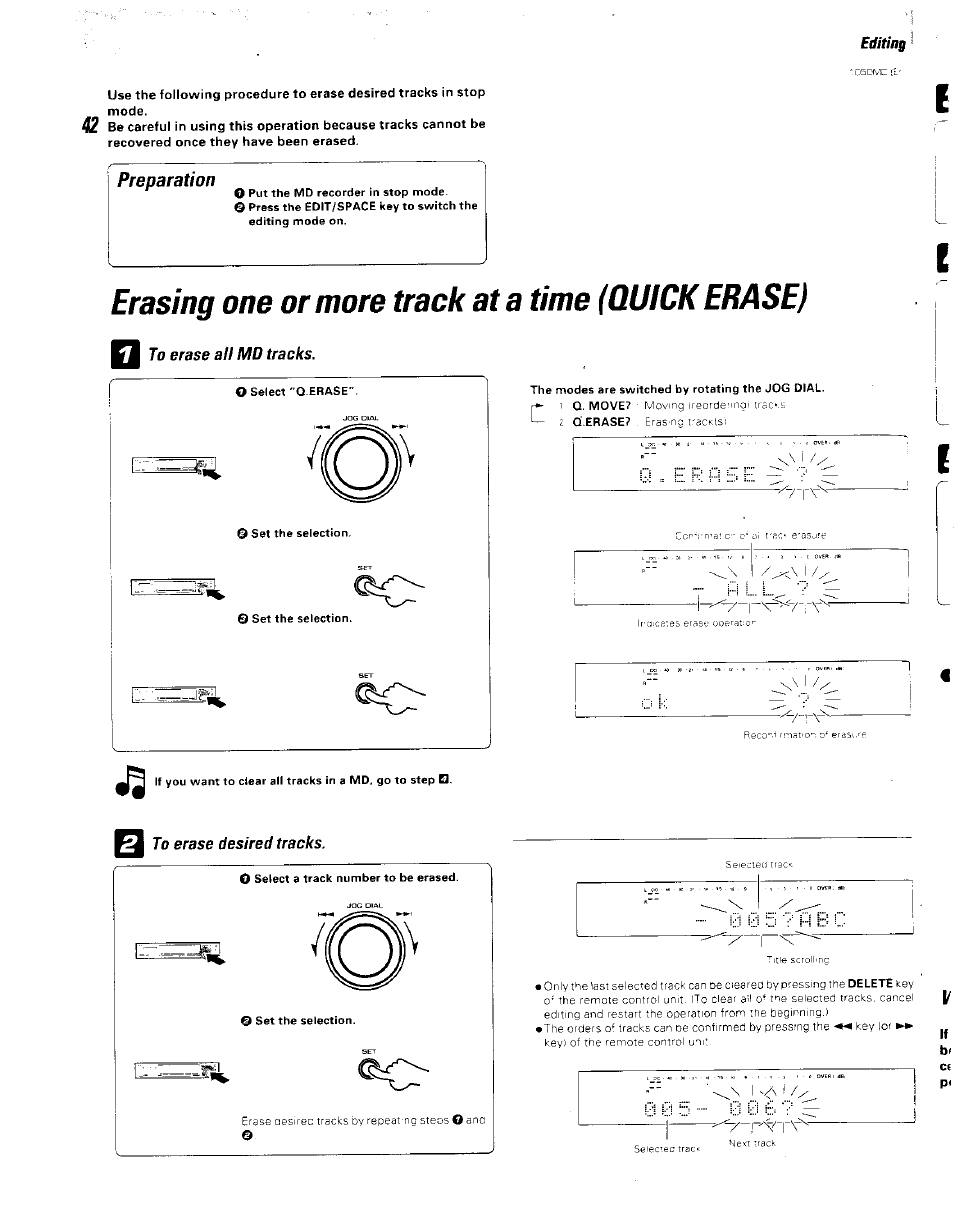 Erasing one or more track at a time (quick erase), To erase all md tracks, To erase desired tracks | Kenwood BJV140Z User Manual | Page 42 / 54