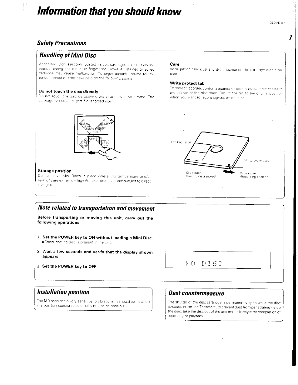 Infomation that you should know, Safety precautions, Handling of mini disc | Do not touch the disc directly, Storage position, Care, Write protect tab, Note related to transportation and movement, Installation position, Dust countermeasure | Kenwood BJV140Z User Manual | Page 7 / 54