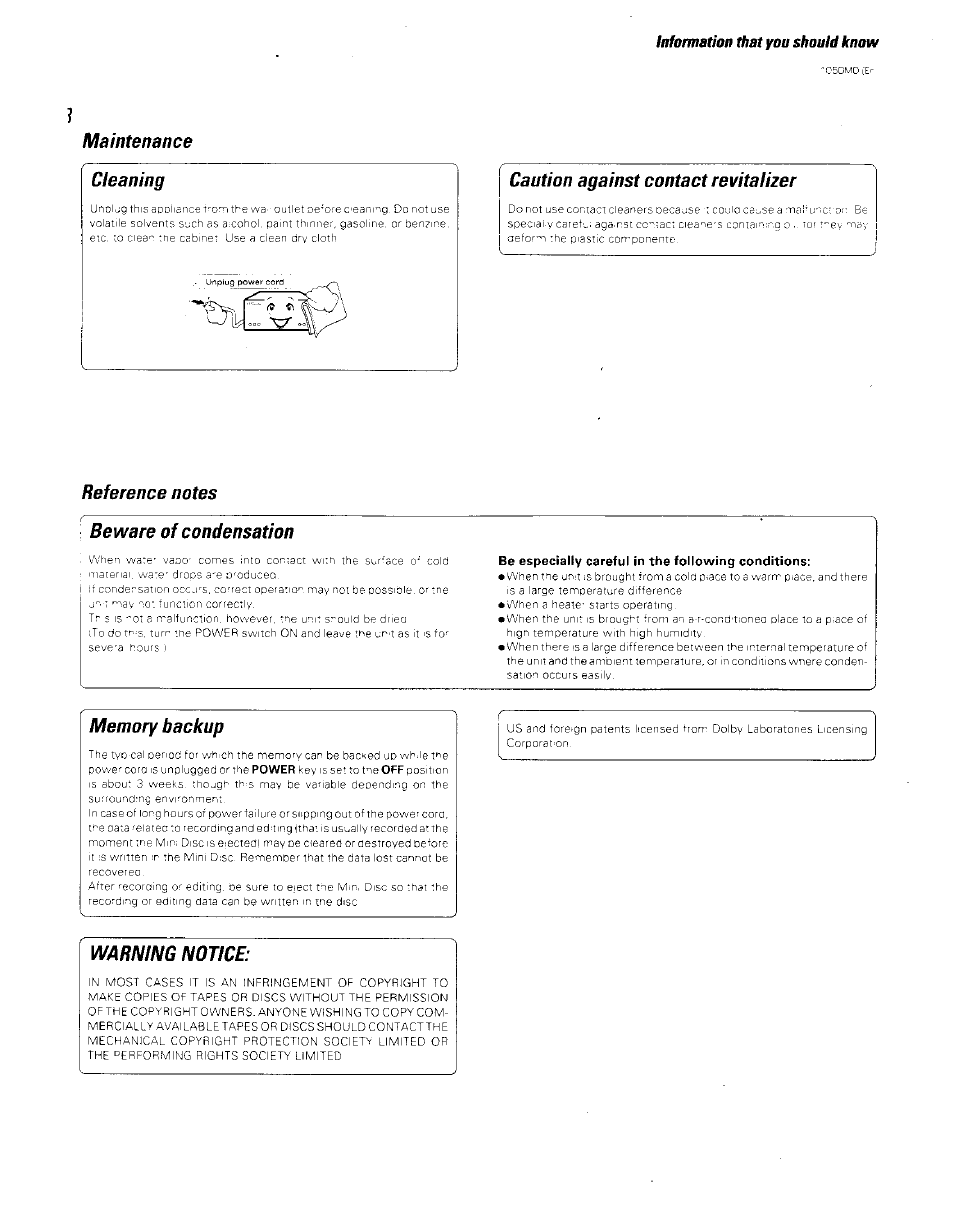 Maintenance, Cleaning, Reference notes | Information that you should know, Caution against contact revitalizer, Beware of condensation, Be especially careful in the following conditions, Memory backup, Warning notice, Maintenance cleaning | Kenwood BJV140Z User Manual | Page 8 / 54