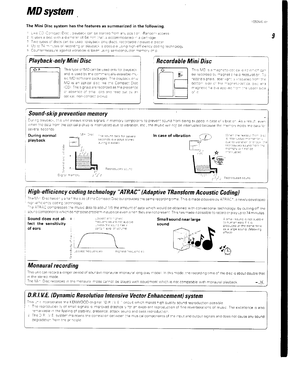 Md system, Playback-only mini disc, Recordable mini disc | Sound-skip prevention memory, During normal i playback, Small sound near large sound, Monaural recording | Kenwood BJV140Z User Manual | Page 9 / 54
