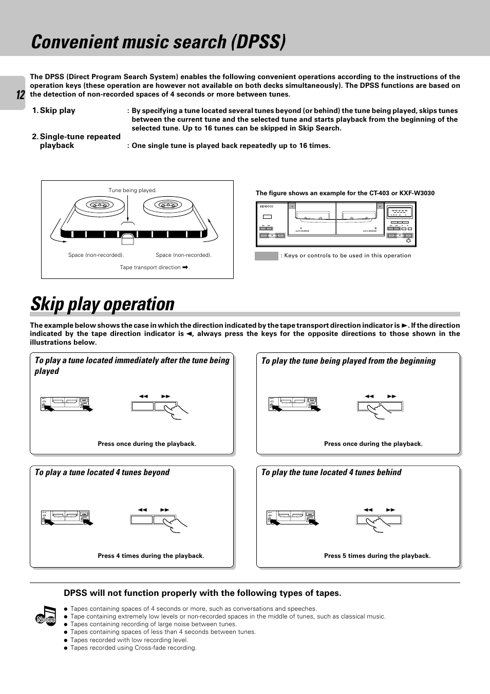 Convenient music search (dpss), Skip play operation, Skip play | Single-tune repeated playback | Kenwood CT-403 User Manual | Page 12 / 20