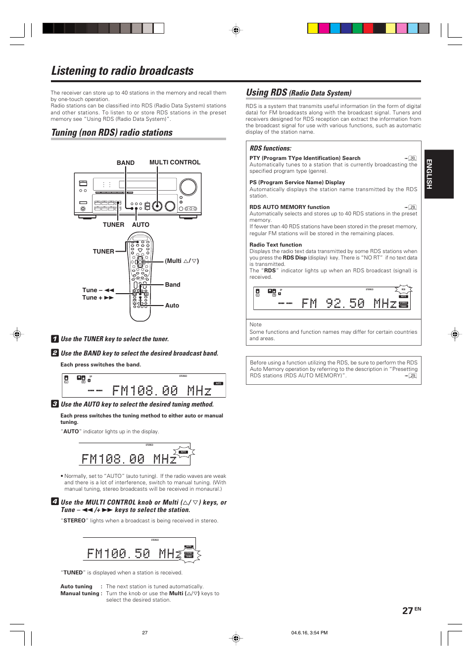 Listening to radio broadcasts, Using rds, Tuning (non rds) radio stations 1 | Radio data system), Rds functions, Use the tuner key to select the tuner, Use the multi control knob or multi, Keys, or tune, Keys to select the station, English | Kenwood KRF-X9080D User Manual | Page 27 / 52