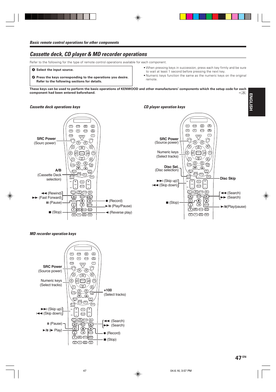 Cassette deck, cd player & md recorder operations, English | Kenwood KRF-X9080D User Manual | Page 47 / 52