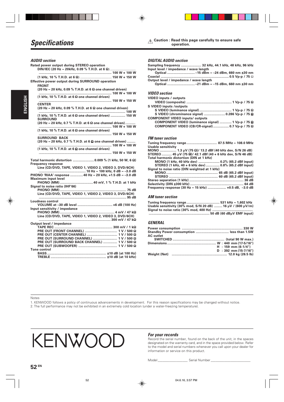 Specifications, For your records | Kenwood KRF-X9080D User Manual | Page 52 / 52
