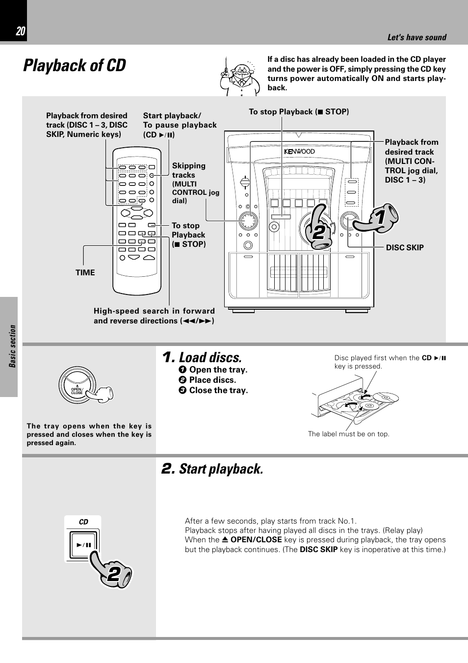 Playback of cd, Load discs, Start playback | Kenwood XD-753 User Manual | Page 20 / 60