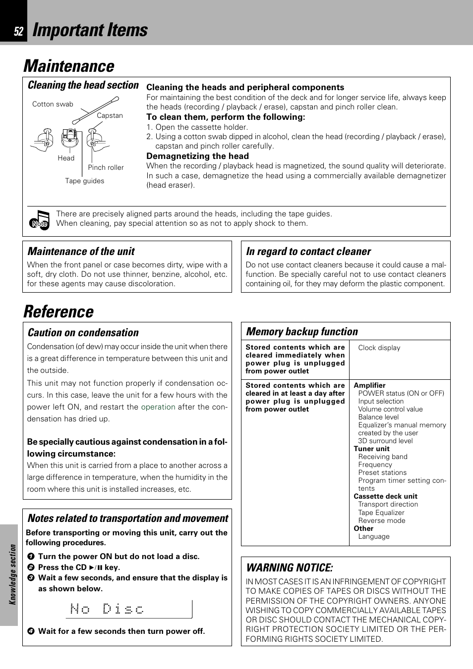 Important items, Maintenance, Reference | Maintenance of the unit, Caution on condensation, Warning notice | Kenwood XD-753 User Manual | Page 52 / 60