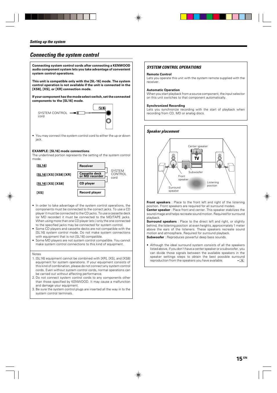 Connecting the system control | Kenwood KRF-V4070D User Manual | Page 15 / 32