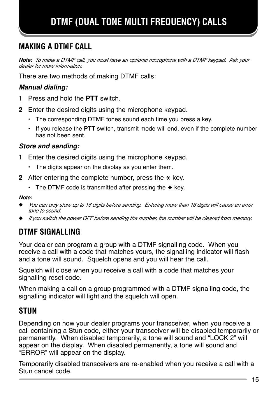 Dtmf (dual tone multi frequency) calls, Making a dtmf call, Dtmf signalling | Stun | Kenwood TK-880 User Manual | Page 19 / 20