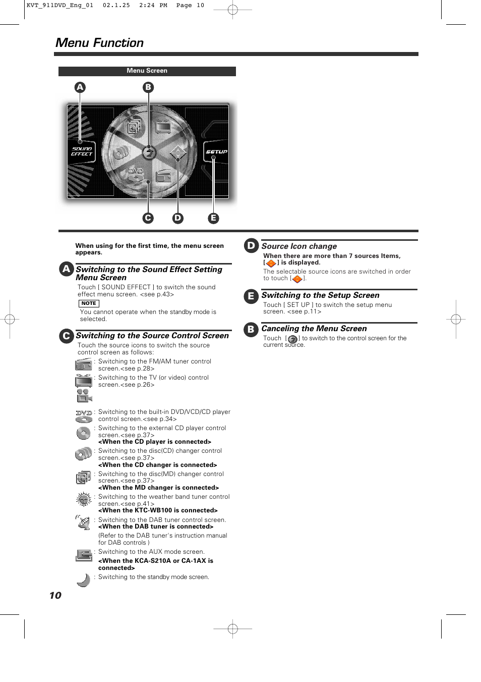 Menu function, Ac e b | Kenwood KVT-911DVD User Manual | Page 10 / 68