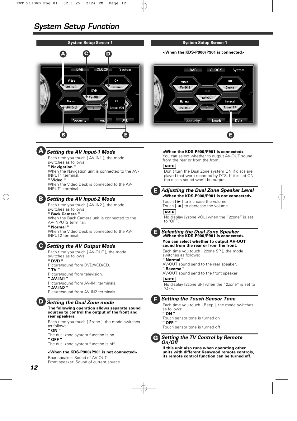 System setup function, Eg 12, Bc d e f | Kenwood KVT-911DVD User Manual | Page 12 / 68