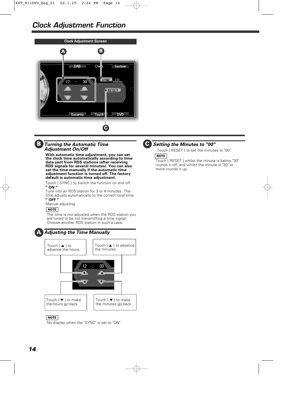 Clock adjustment function | Kenwood KVT-911DVD User Manual | Page 14 / 68