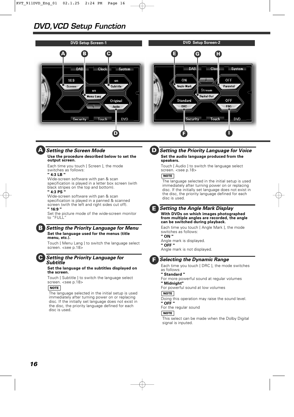 Dvd,vcd setup function, Ef c | Kenwood KVT-911DVD User Manual | Page 16 / 68