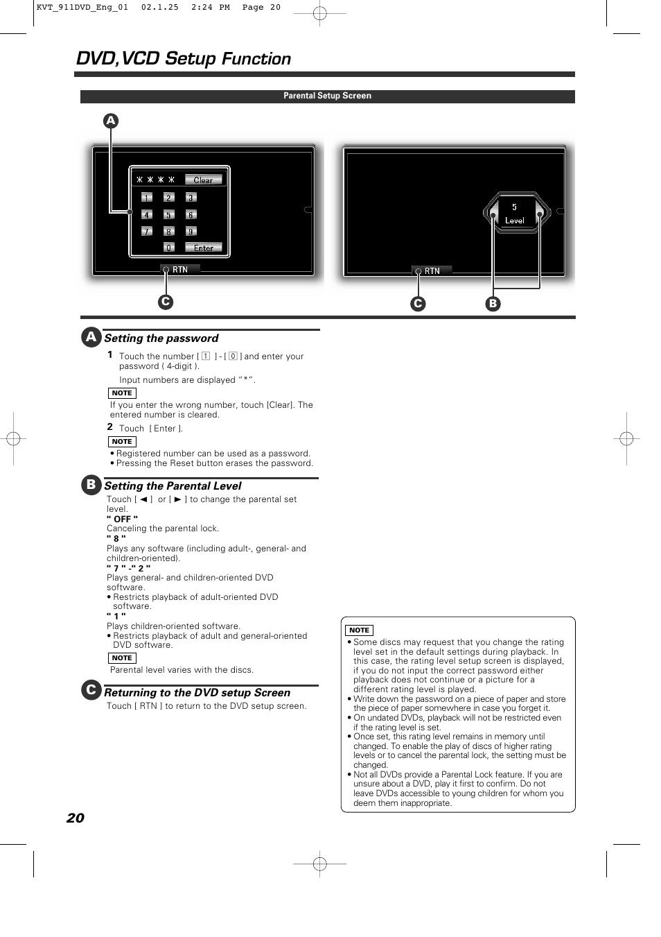 Dvd,vcd setup, Function | Kenwood KVT-911DVD User Manual | Page 20 / 68