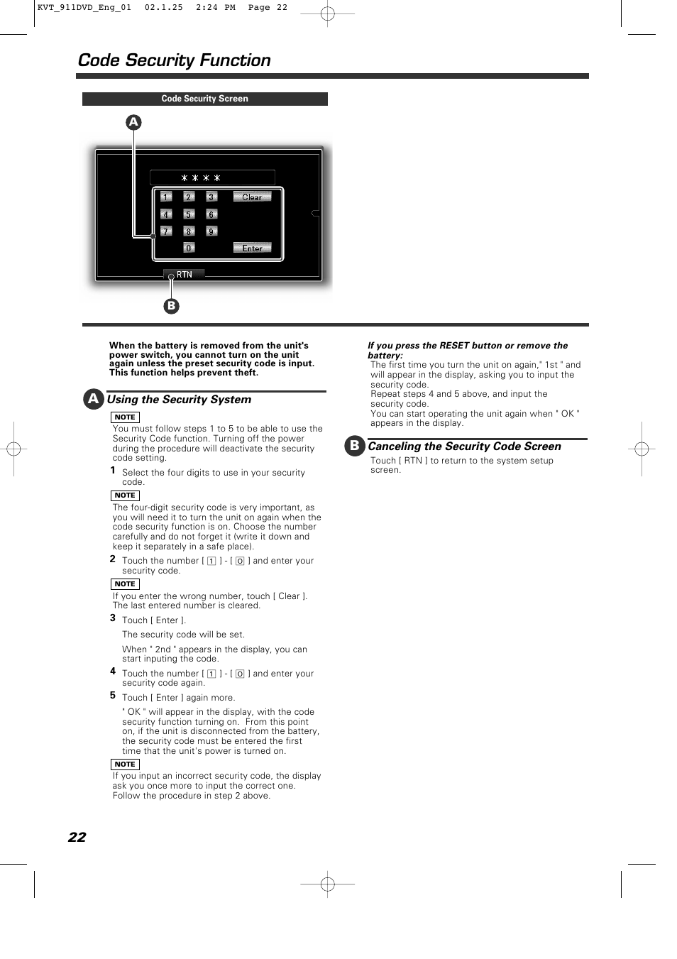 Code security function | Kenwood KVT-911DVD User Manual | Page 22 / 68