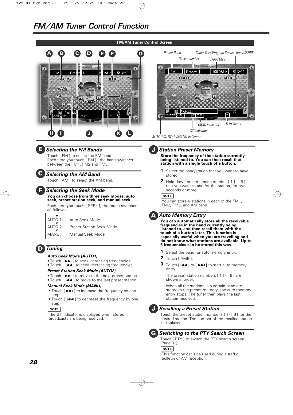 Fm/am tuner control function | Kenwood KVT-911DVD User Manual | Page 28 / 68