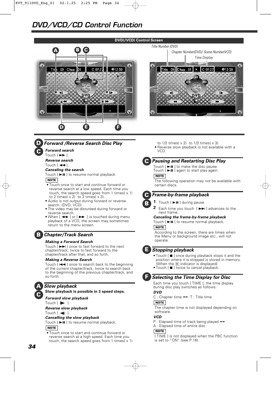 Dvd/vcd/cd control function, Ba c c, Dc c b e | Kenwood KVT-911DVD User Manual | Page 34 / 68
