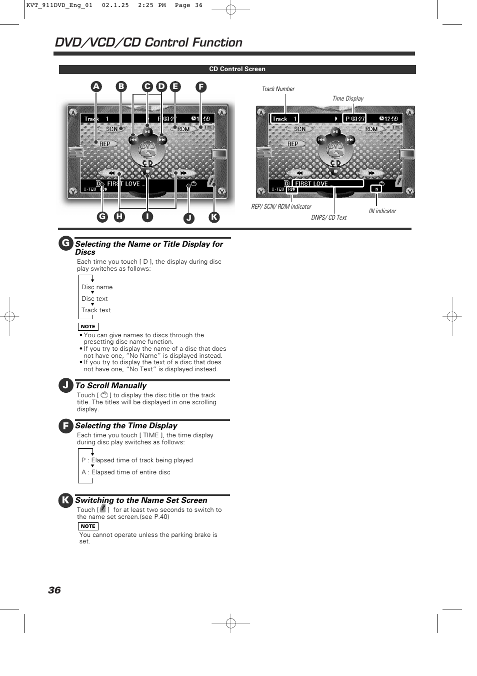 Dvd/vcd/cd control function, Jk f | Kenwood KVT-911DVD User Manual | Page 36 / 68