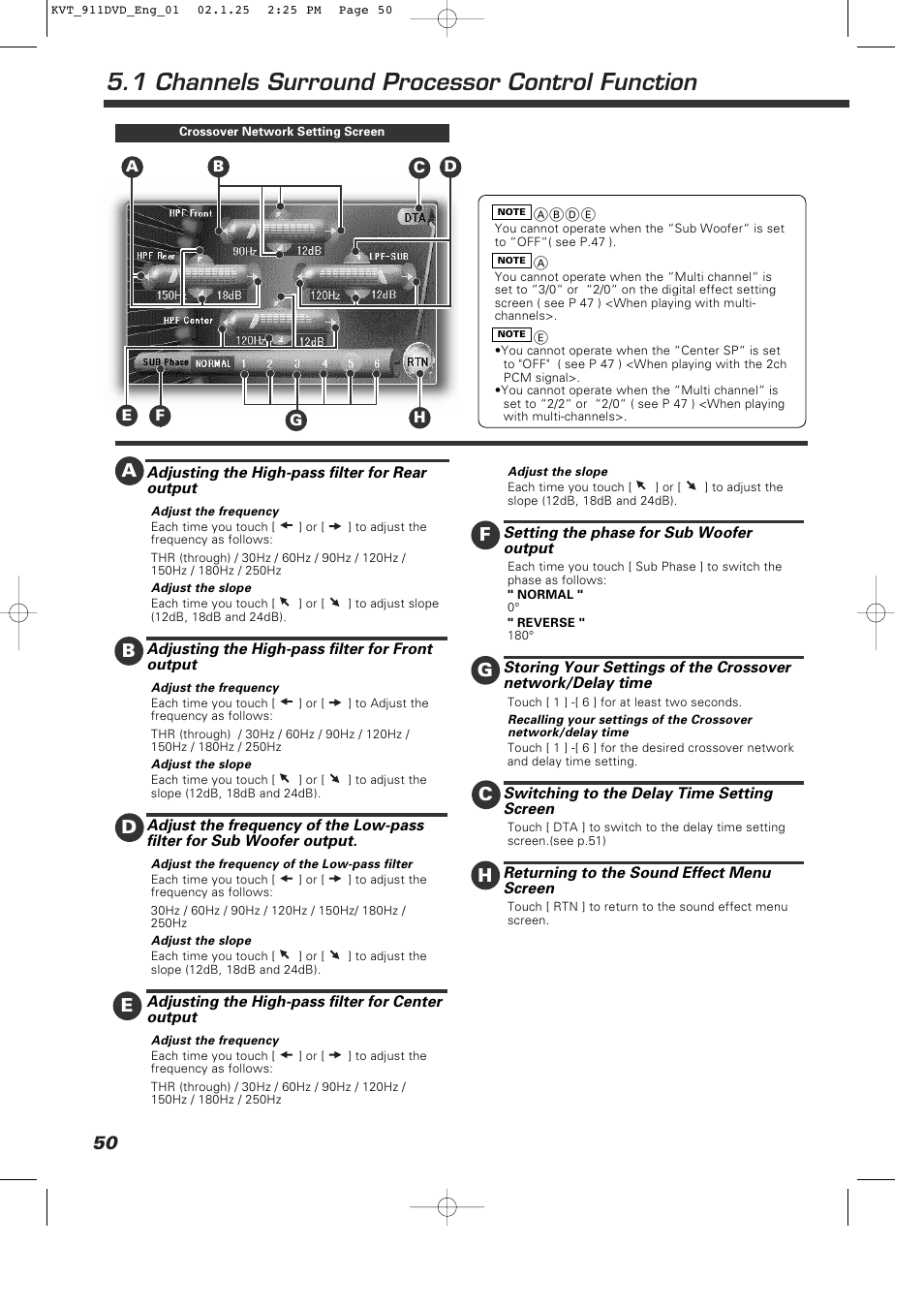 1 channels surround processor control function | Kenwood KVT-911DVD User Manual | Page 50 / 68