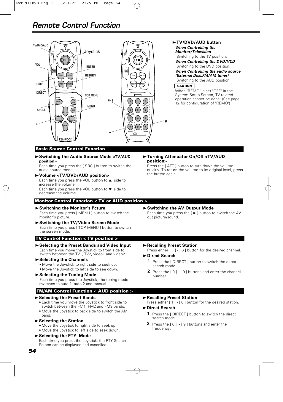 Remote control function, 3 switching the audio source mode, 3 volume <tv/dvd/aud position | 3 turning attenuator on/off <tv/aud position, Basic source control function, 3 switching the tv/video screen mode, 3 switching the av output mode, 3 selecting the channels, 3 selecting the tuning mode, 3 recalling preset station | Kenwood KVT-911DVD User Manual | Page 54 / 68