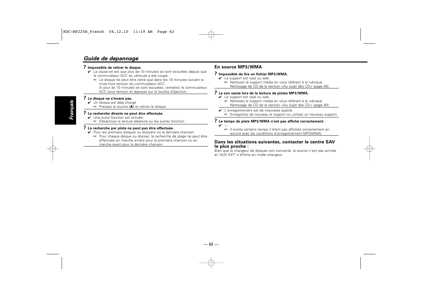 Guide de depannage | Kenwood KDC-225 User Manual | Page 62 / 96