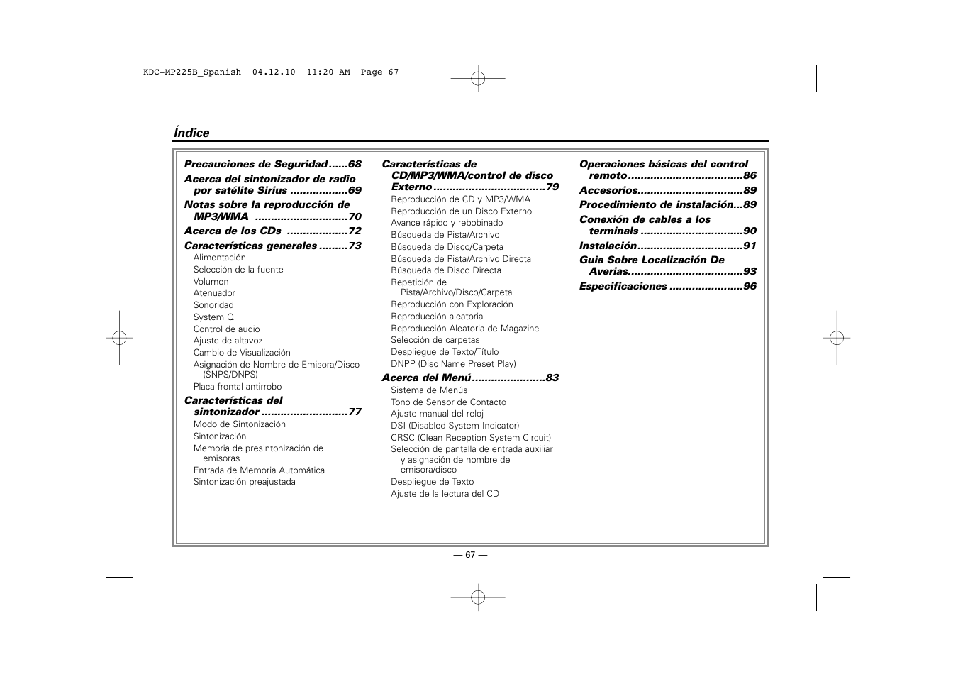 Spanish | Kenwood KDC-225 User Manual | Page 67 / 96