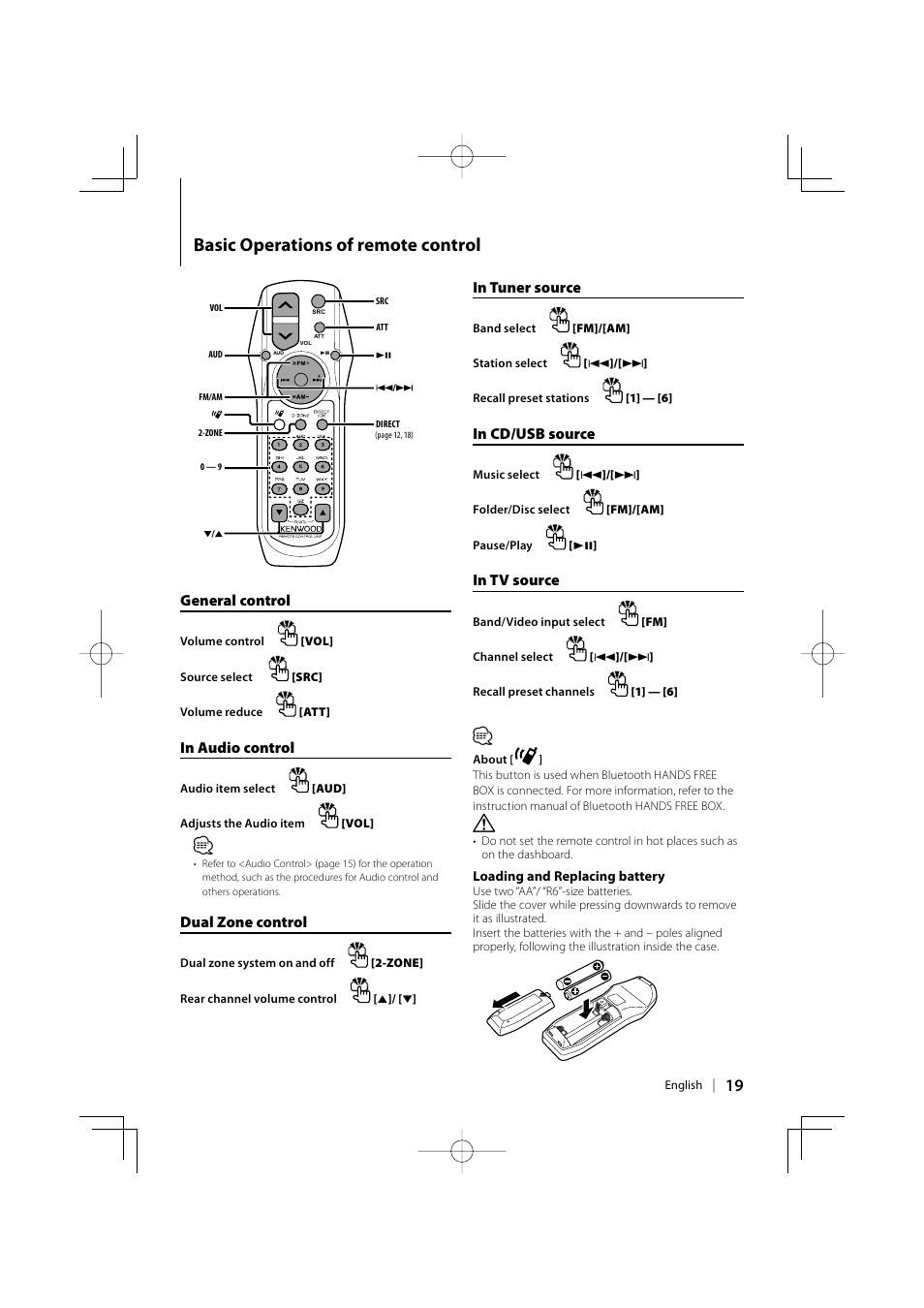 Basic operations of remote control, General control, Dual zone control | Kenwood KDC-MP6039 User Manual | Page 19 / 28