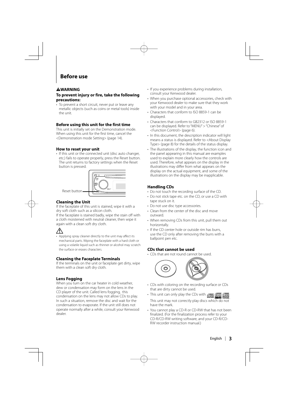 Before use | Kenwood KDC-MP6039 User Manual | Page 3 / 28