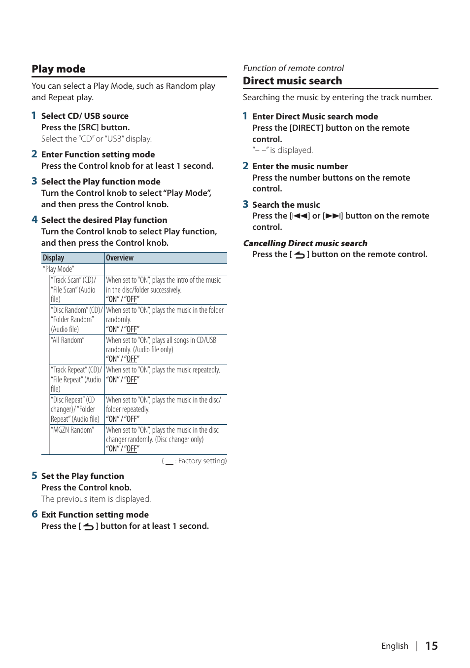 Play mode, Direct music search | Kenwood KDC-448U User Manual | Page 15 / 71