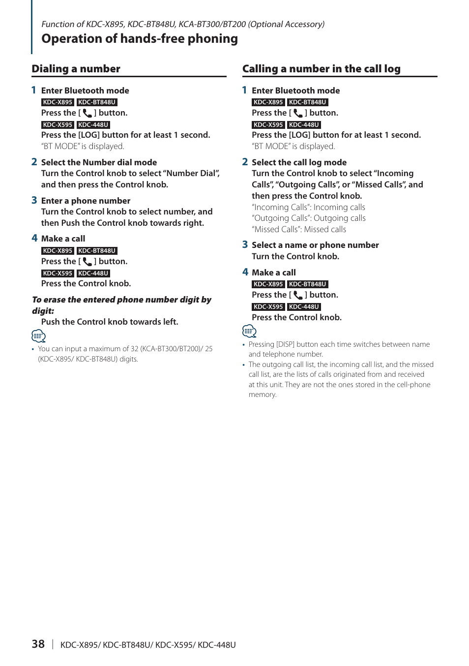 Dialing a number, Calling a number in the call log, Operation of hands-free phoning | Calling a number in the call log 1, Dialing a number 1 | Kenwood KDC-448U User Manual | Page 38 / 71