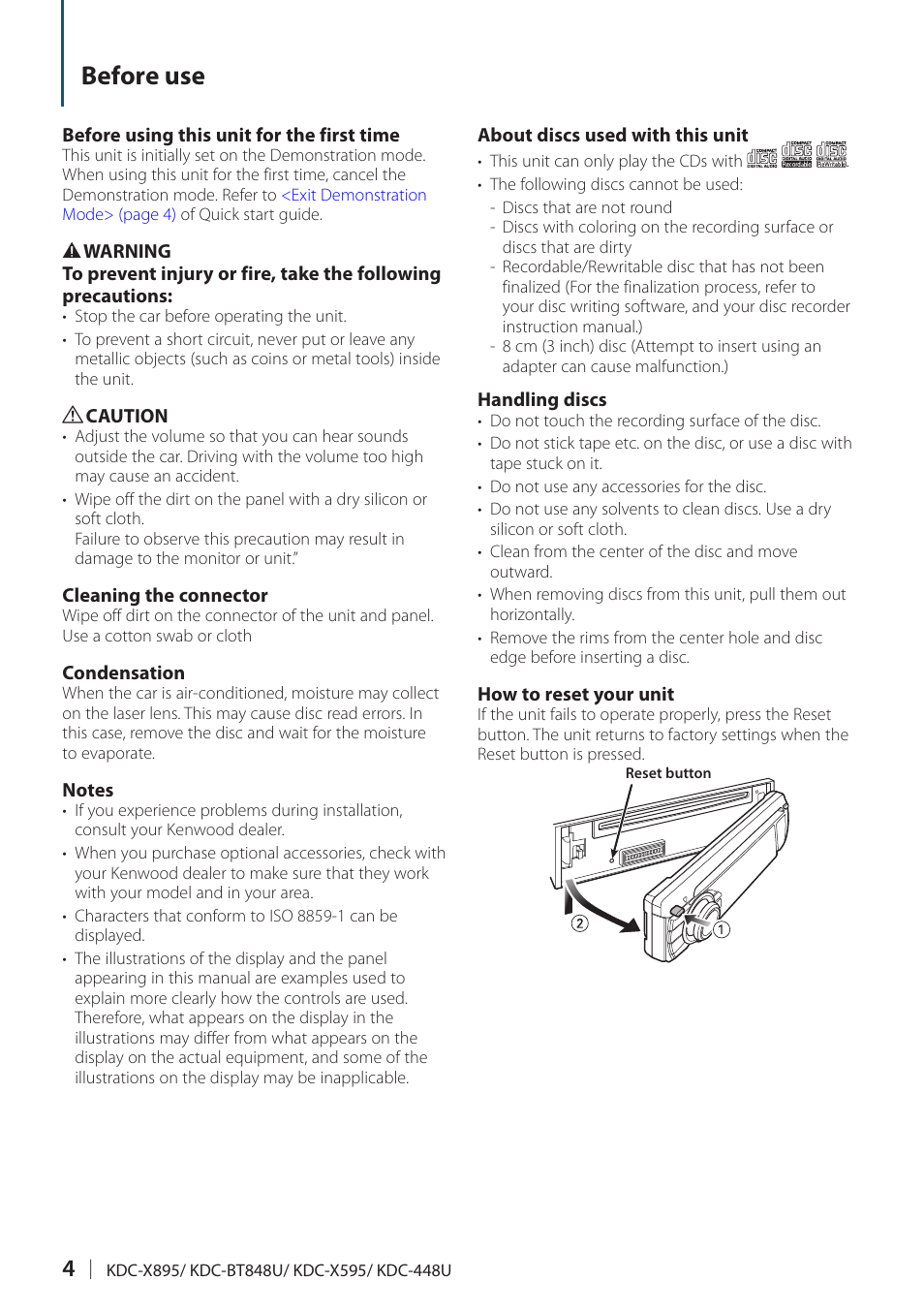 Before use | Kenwood KDC-448U User Manual | Page 4 / 71