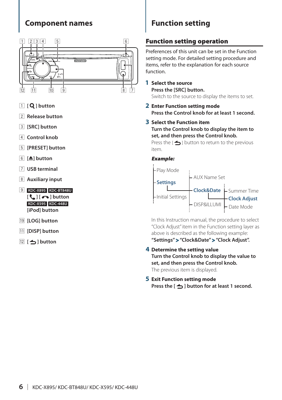 Component names, Function setting, Function setting operation | Kenwood KDC-448U User Manual | Page 6 / 71
