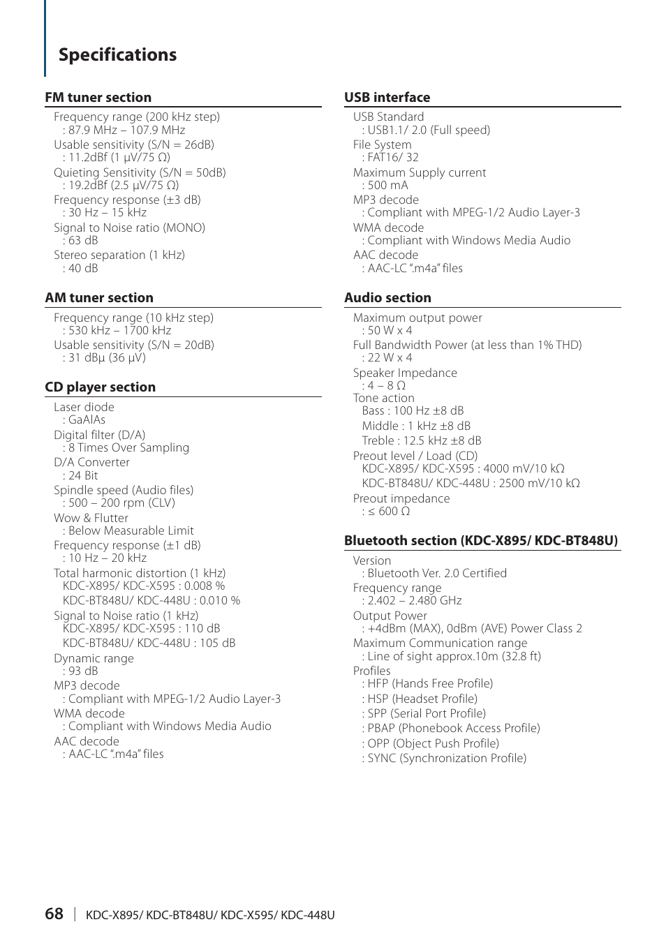 Specifications | Kenwood KDC-448U User Manual | Page 68 / 71