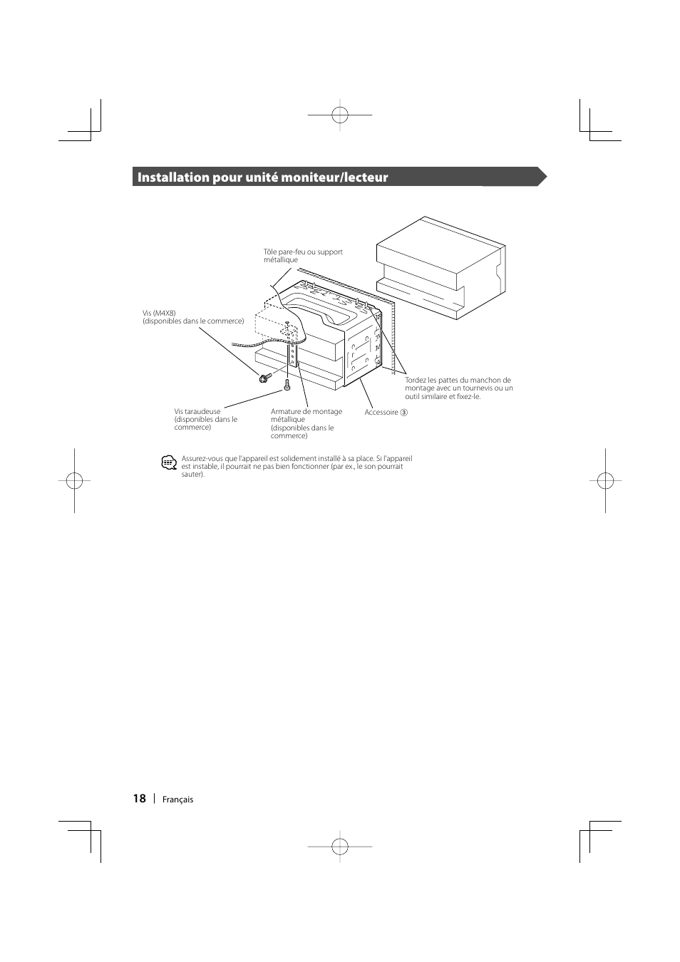 Installation pour unité moniteur/lecteur | Kenwood DDX7017 User Manual | Page 18 / 44