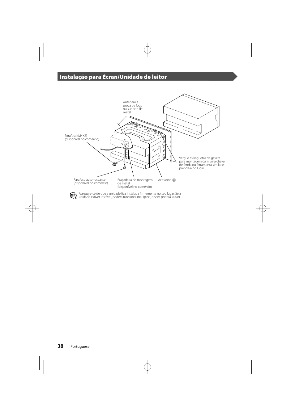 Instalação para écran/unidade de leitor | Kenwood DDX7017 User Manual | Page 38 / 44