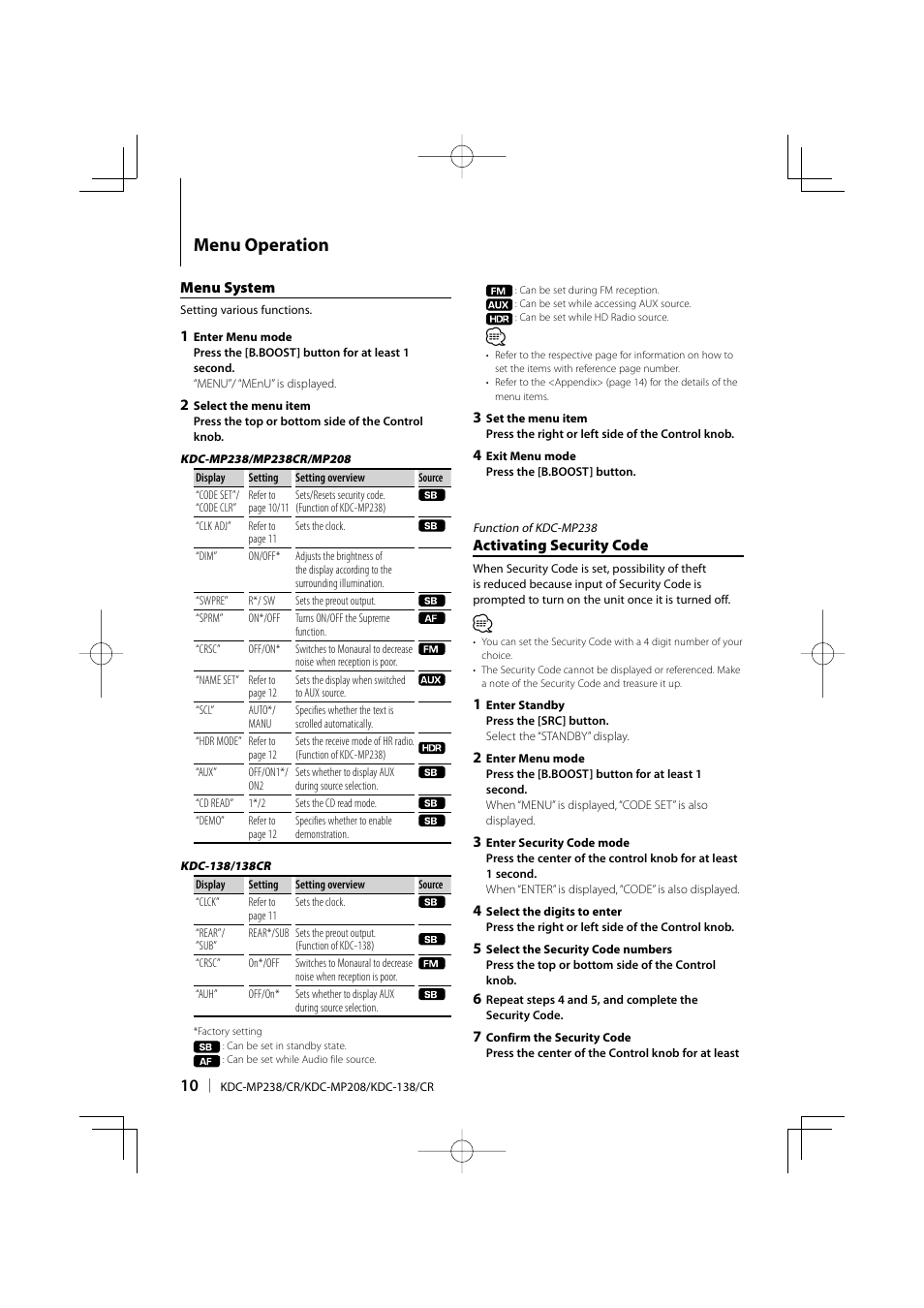 Menu operation | Kenwood KDC-138 User Manual | Page 10 / 56