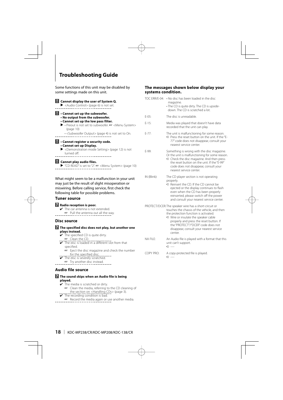 Troubleshooting guide | Kenwood KDC-138 User Manual | Page 18 / 56