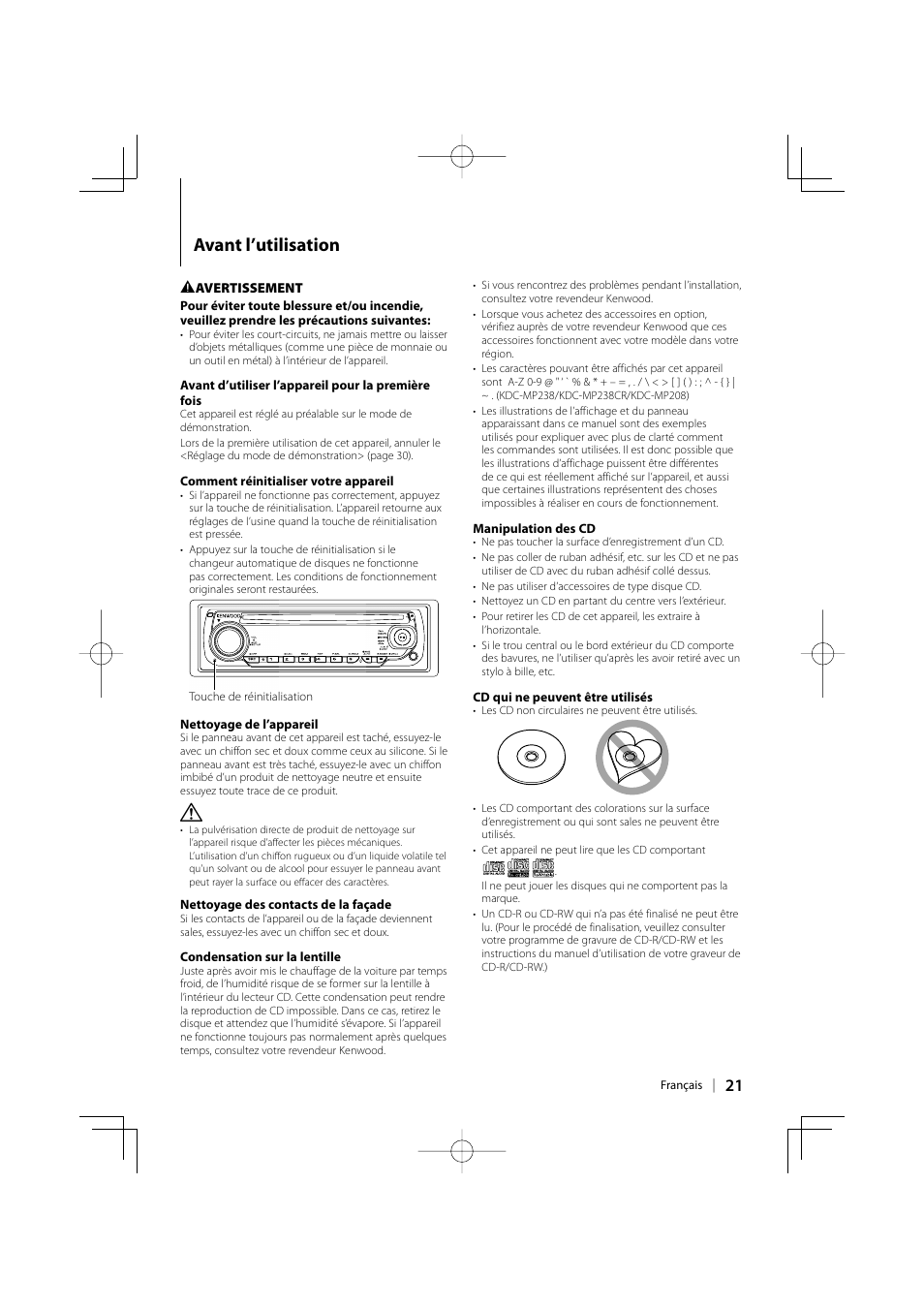 Avant l’utilisation | Kenwood KDC-138 User Manual | Page 21 / 56