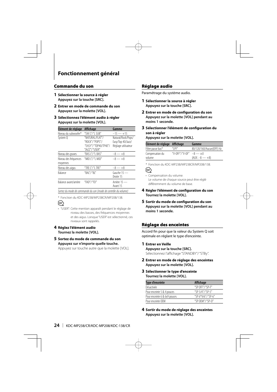 Fonctionnement général | Kenwood KDC-138 User Manual | Page 24 / 56