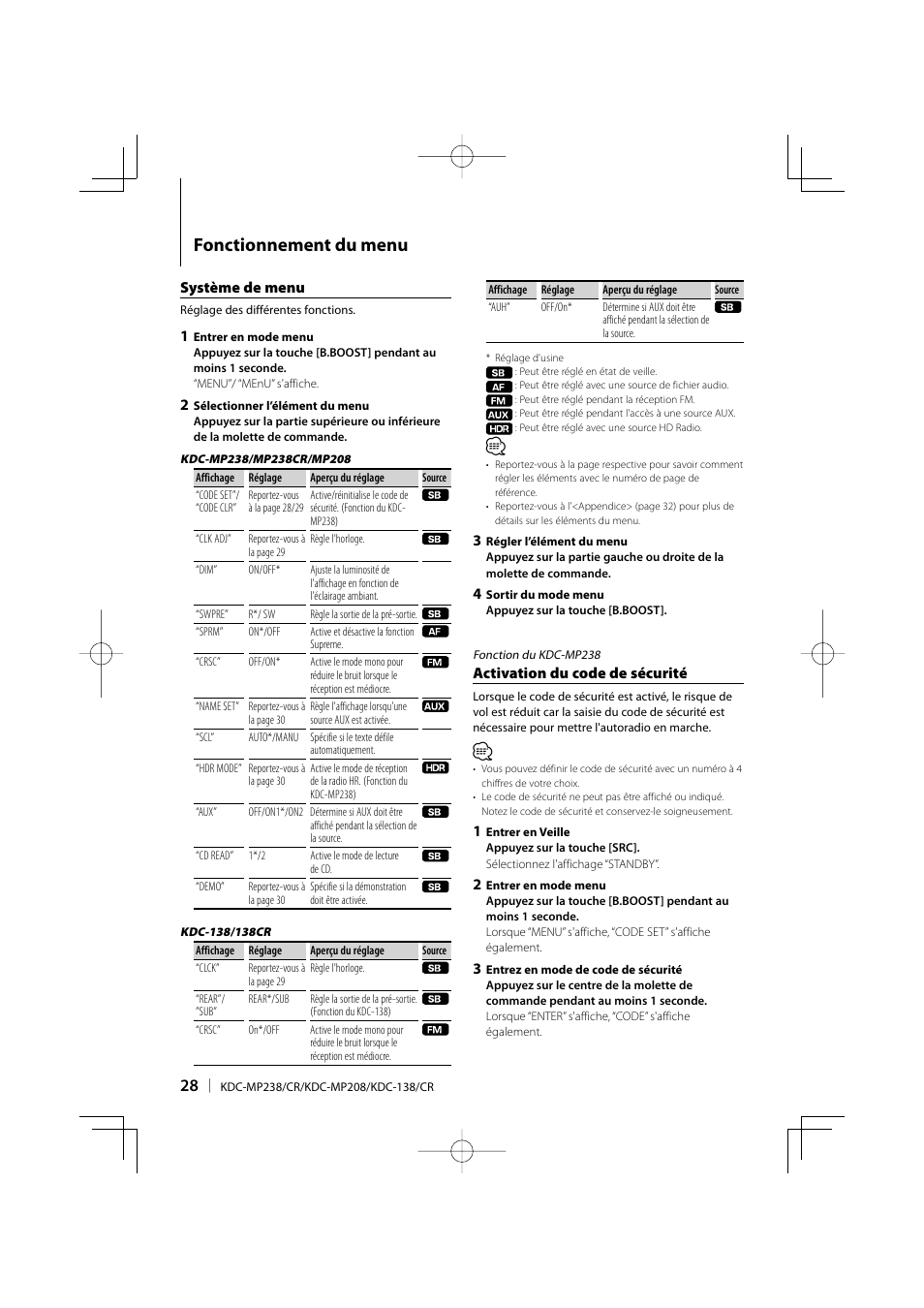Fonctionnement du menu | Kenwood KDC-138 User Manual | Page 28 / 56