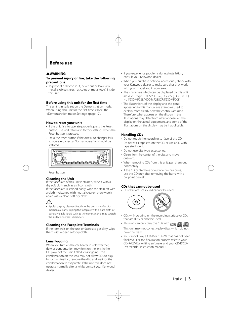 Before use | Kenwood KDC-138 User Manual | Page 3 / 56