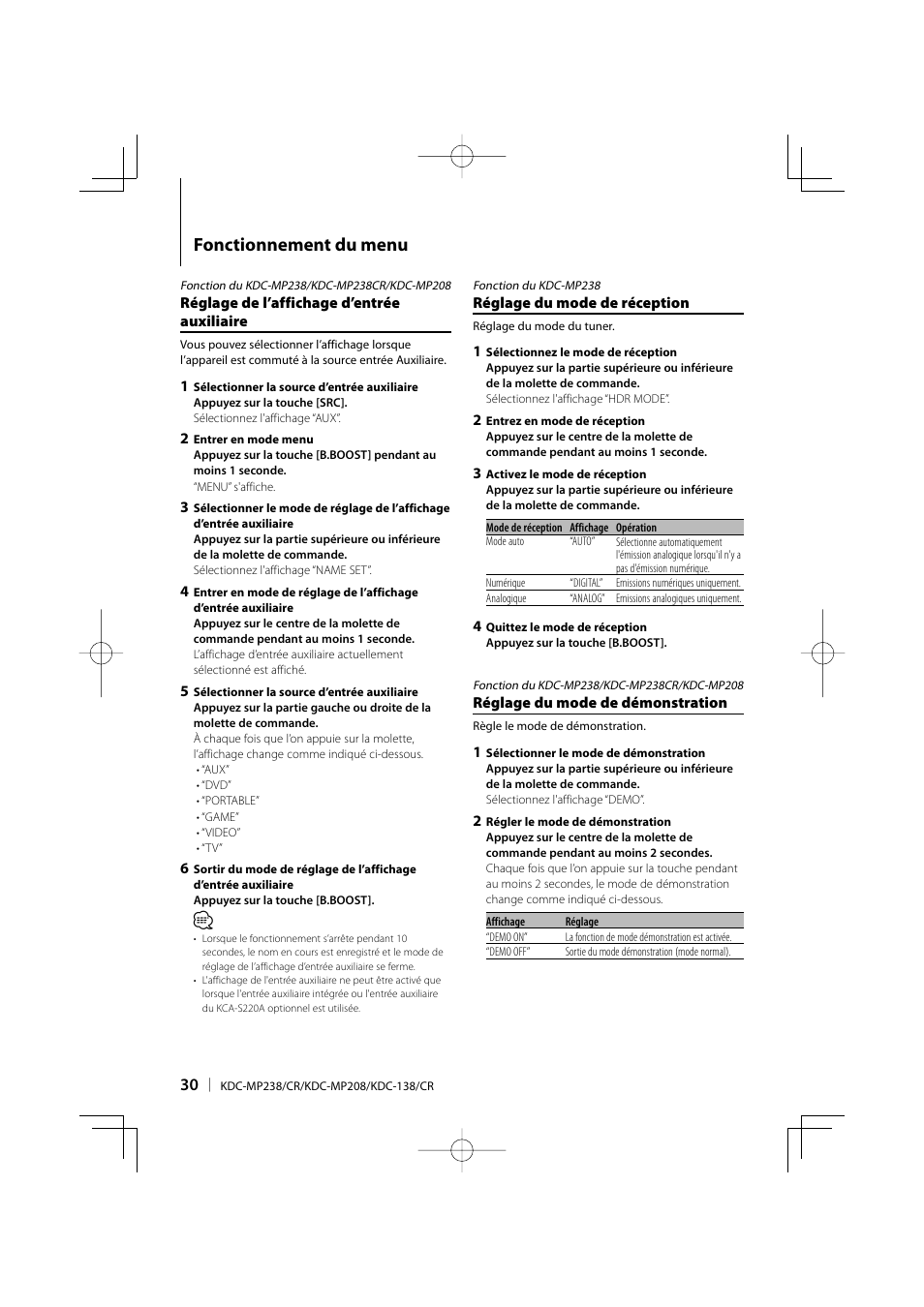 Fonctionnement du menu | Kenwood KDC-138 User Manual | Page 30 / 56