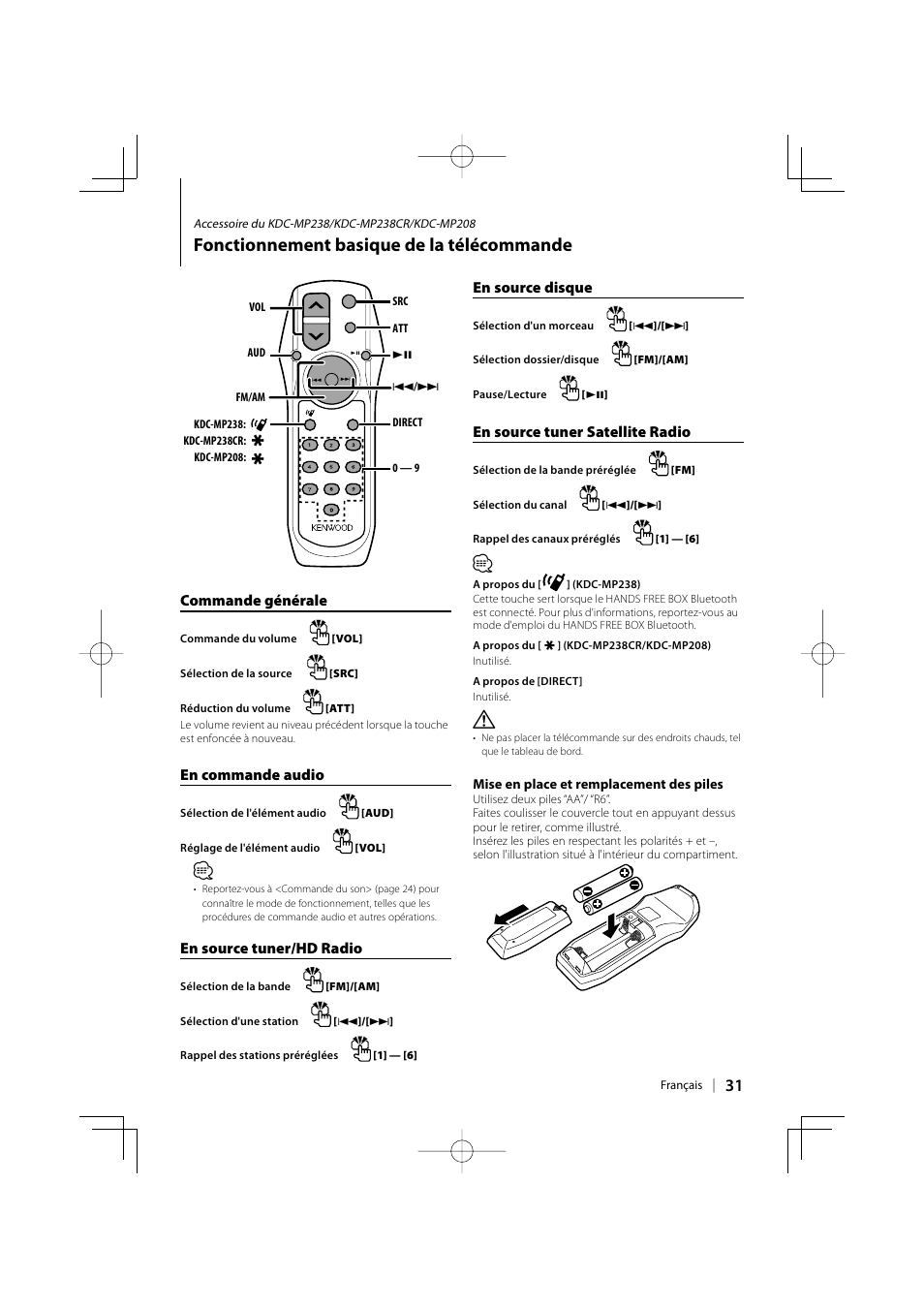 Fonctionnement basique de la télécommande, Commande générale, En commande audio | En source tuner/hd radio, En source disque, En source tuner satellite radio | Kenwood KDC-138 User Manual | Page 31 / 56