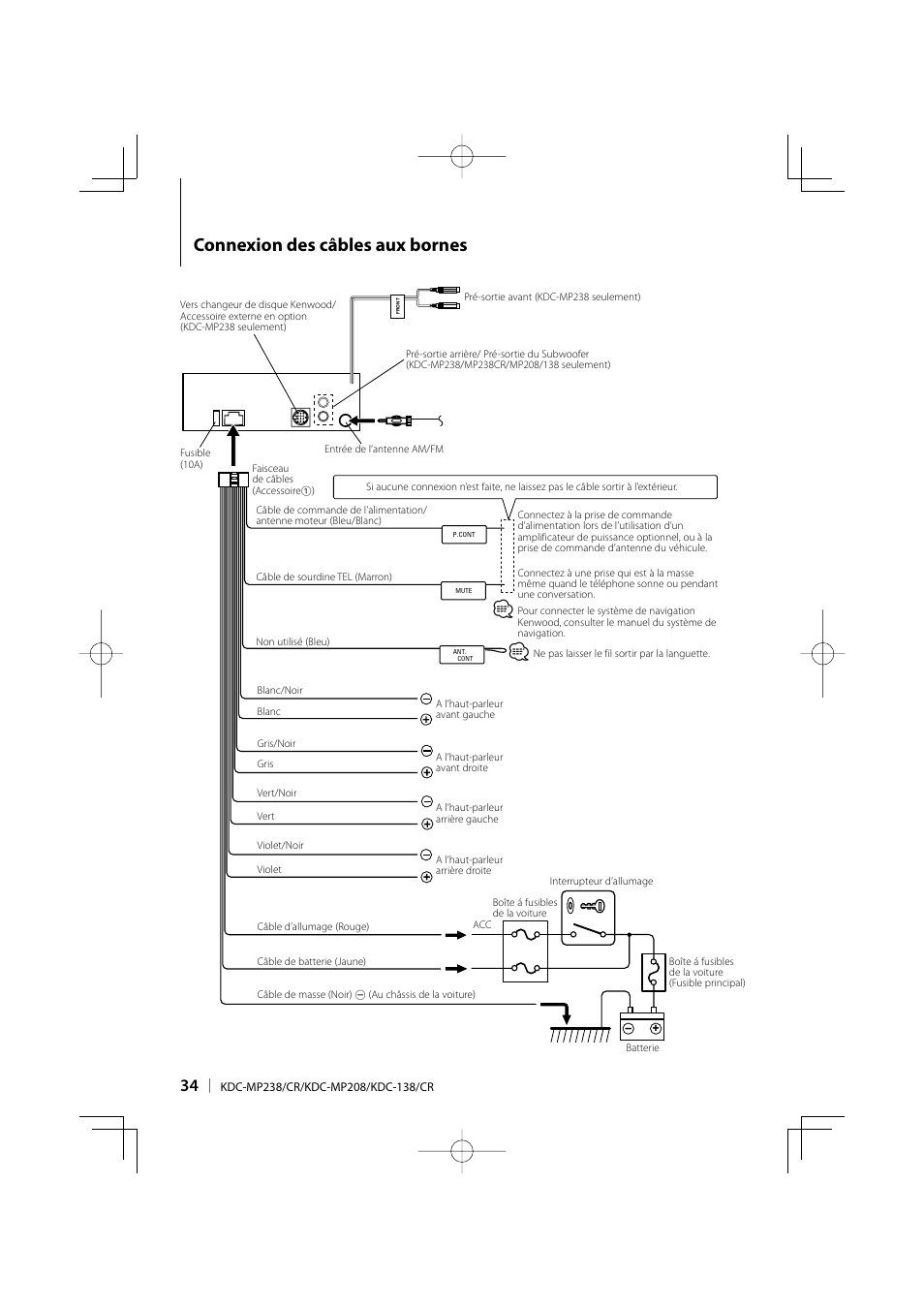 Connexion des câbles aux bornes | Kenwood KDC-138 User Manual | Page 34 / 56