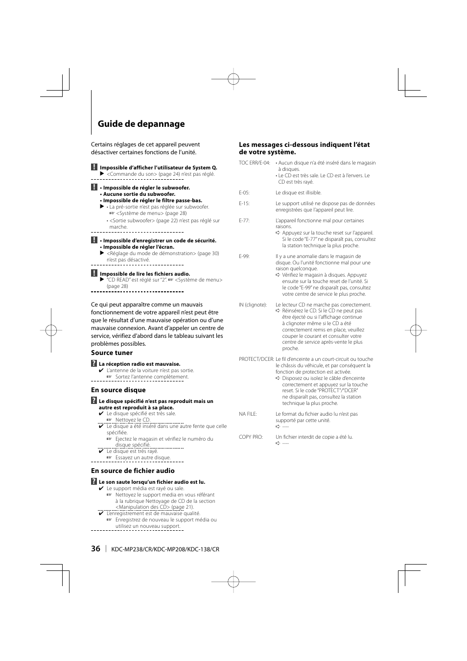 Guide de depannage | Kenwood KDC-138 User Manual | Page 36 / 56
