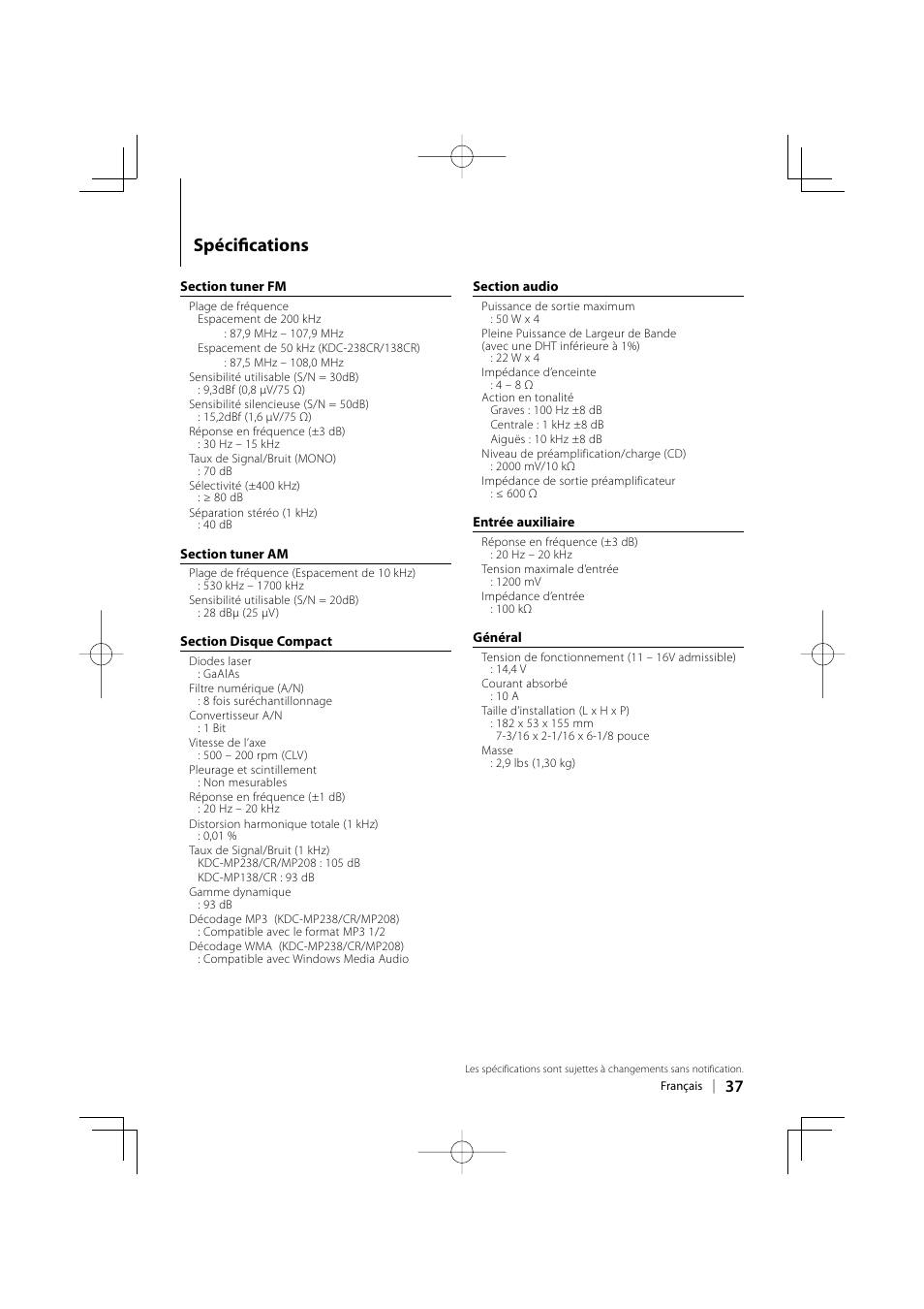 Spécifi cations | Kenwood KDC-138 User Manual | Page 37 / 56