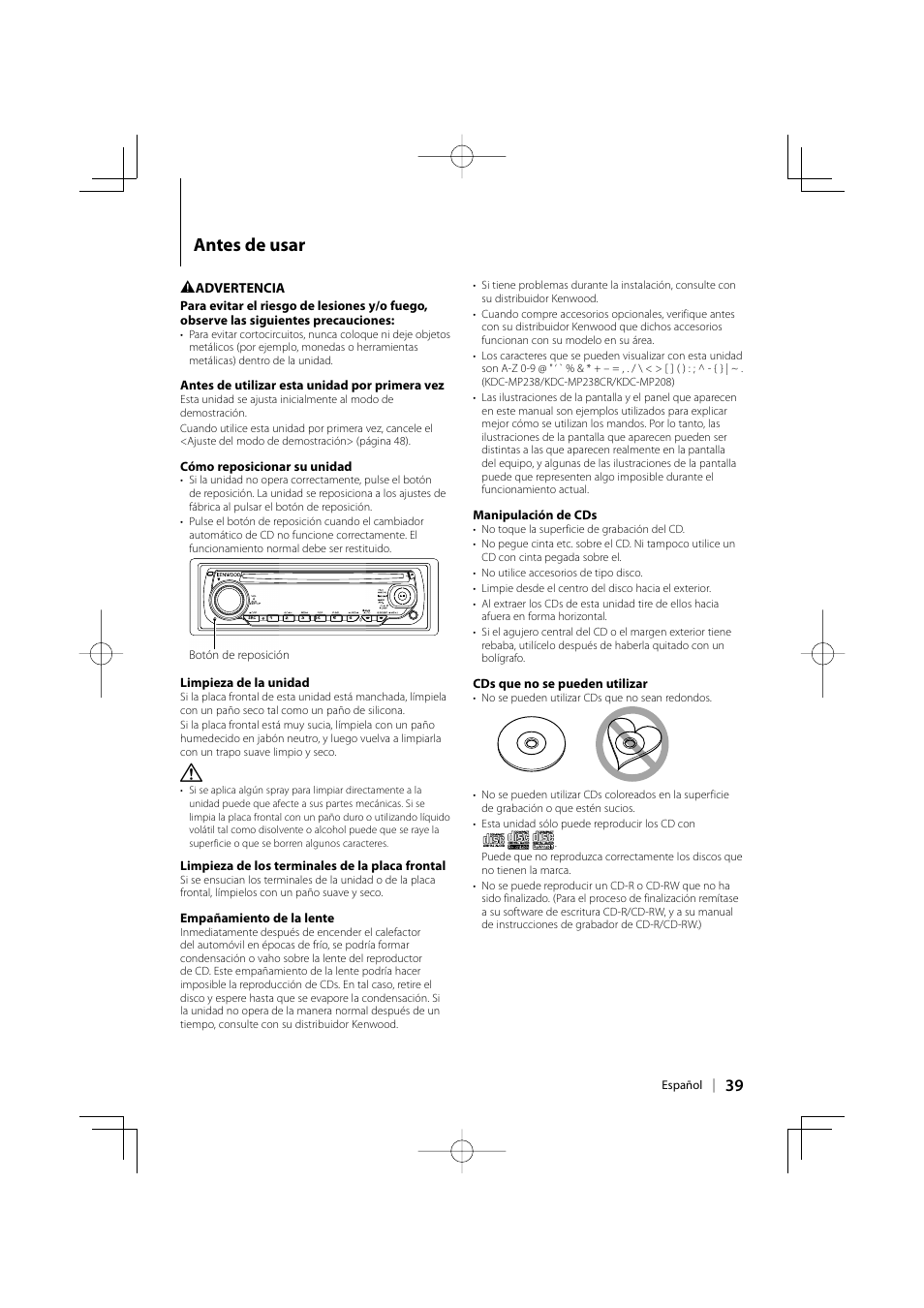 Antes de usar | Kenwood KDC-138 User Manual | Page 39 / 56