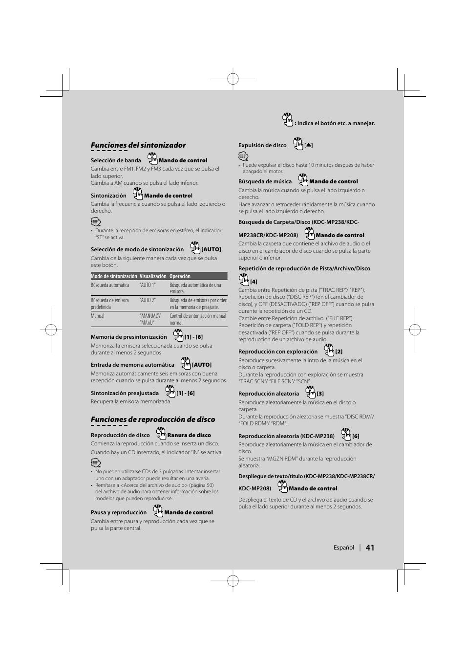 Funciones del sintonizador, Funciones de reproducción de disco | Kenwood KDC-138 User Manual | Page 41 / 56