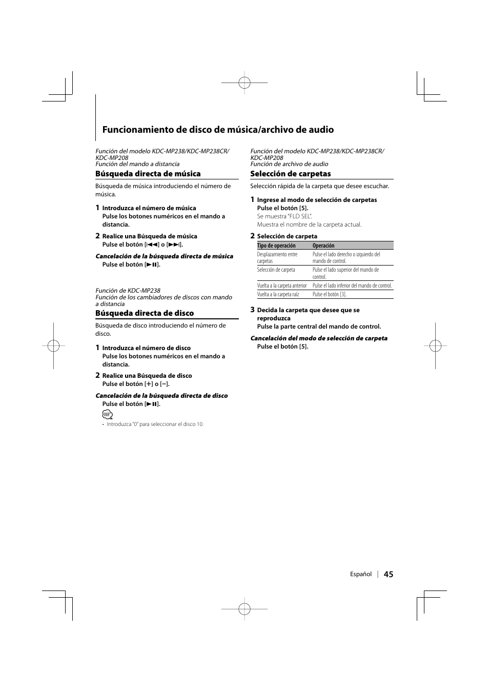 Funcionamiento de disco de música/archivo de audio | Kenwood KDC-138 User Manual | Page 45 / 56